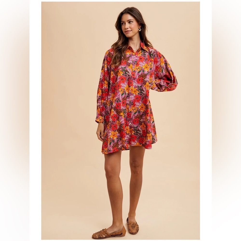 Anniewear Wild Rose Floral Flowy Shirt Dress Women's Size Large